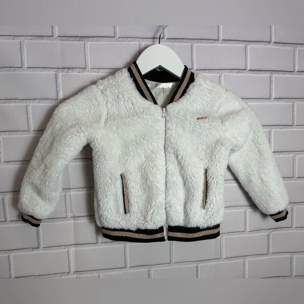 Tahari Baby Girl Sherpa Bomber Jacket Size 3T, White & Gold Trim
